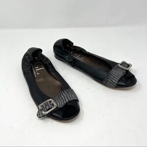 AGL Black Leather Peep Toe Snake Buckle Flats 37.5